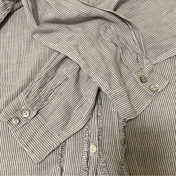 Chico's Blouse Ruffle Striped Button Up Shirt Blue White Long Sleeve Sz 3 Cotton - Picture 11 of 16